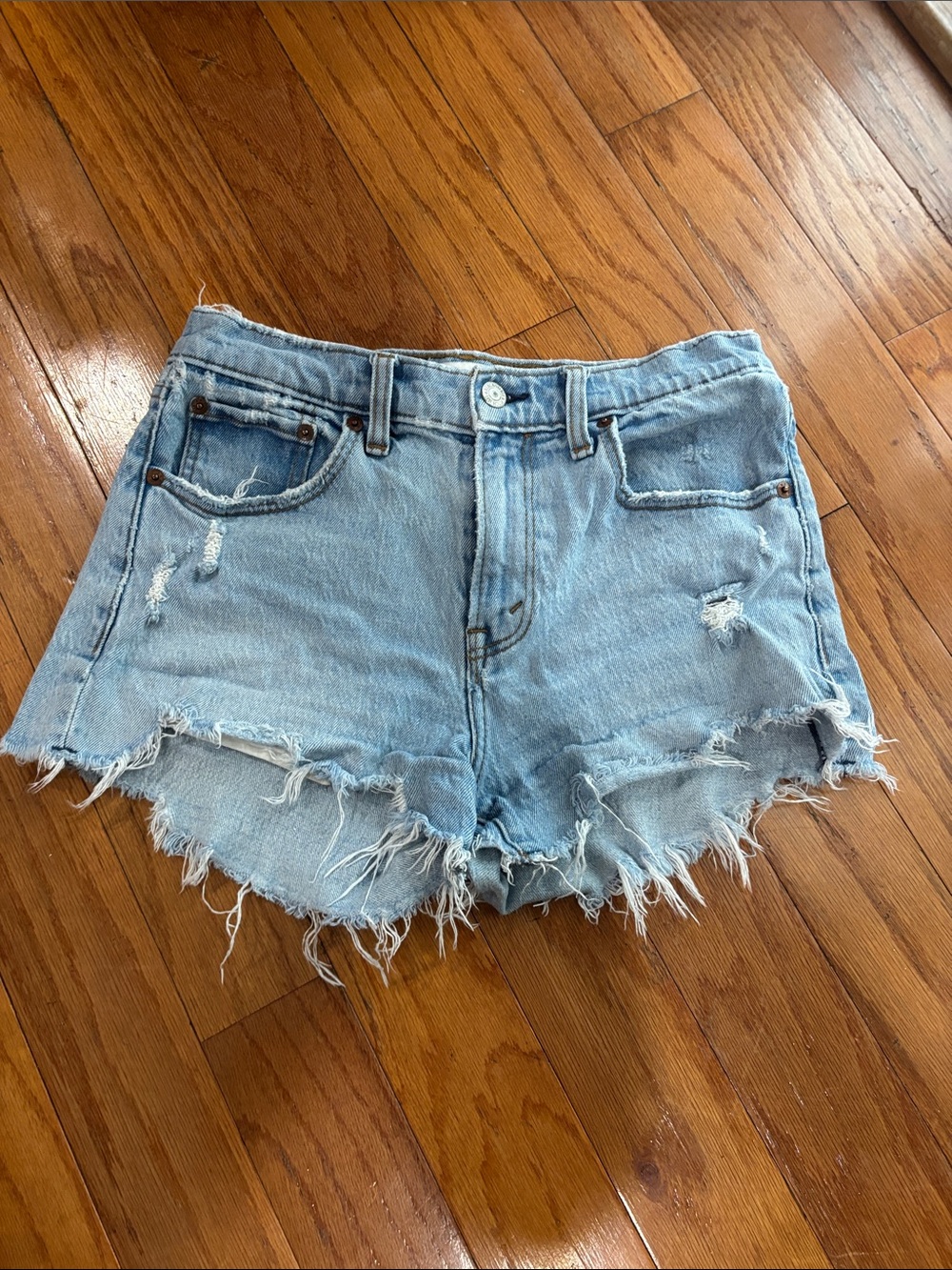 Abercrombie Light Blue Distressed High-Waist Denim Shorts